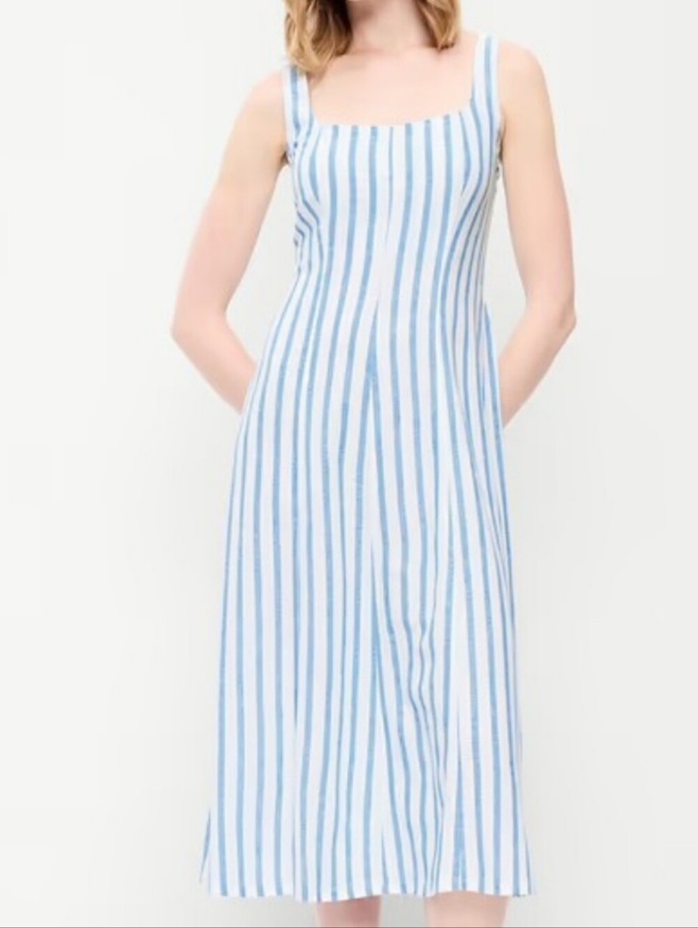 NWT - Old Navy Linen Blend Fit & Flare Blue/White Striped Midi Dress - Size M